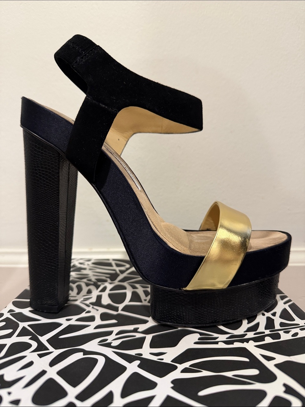 Diane Von Furstenberg Black and Gold Platform Block Heel Sandals